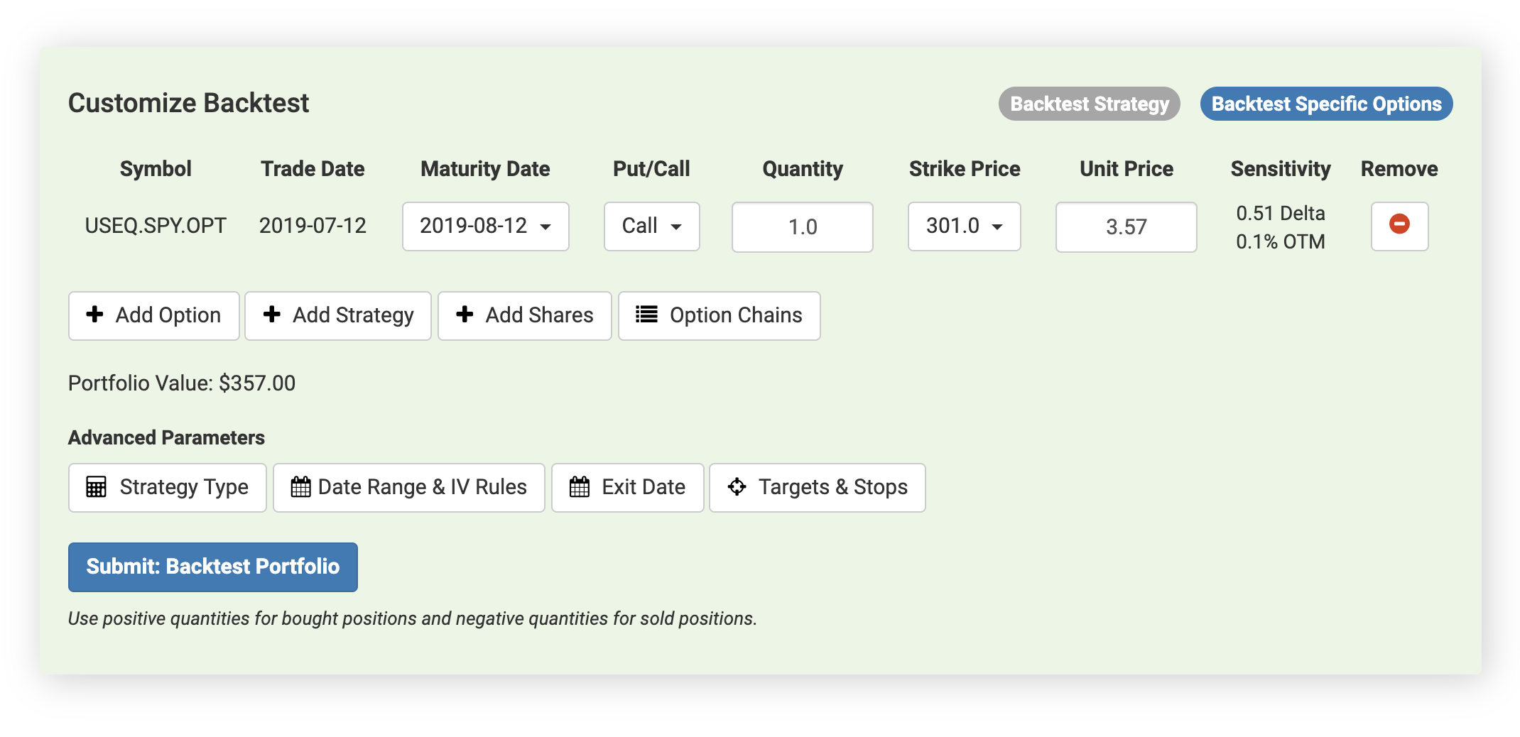 Backtest Specific Options Screenshot